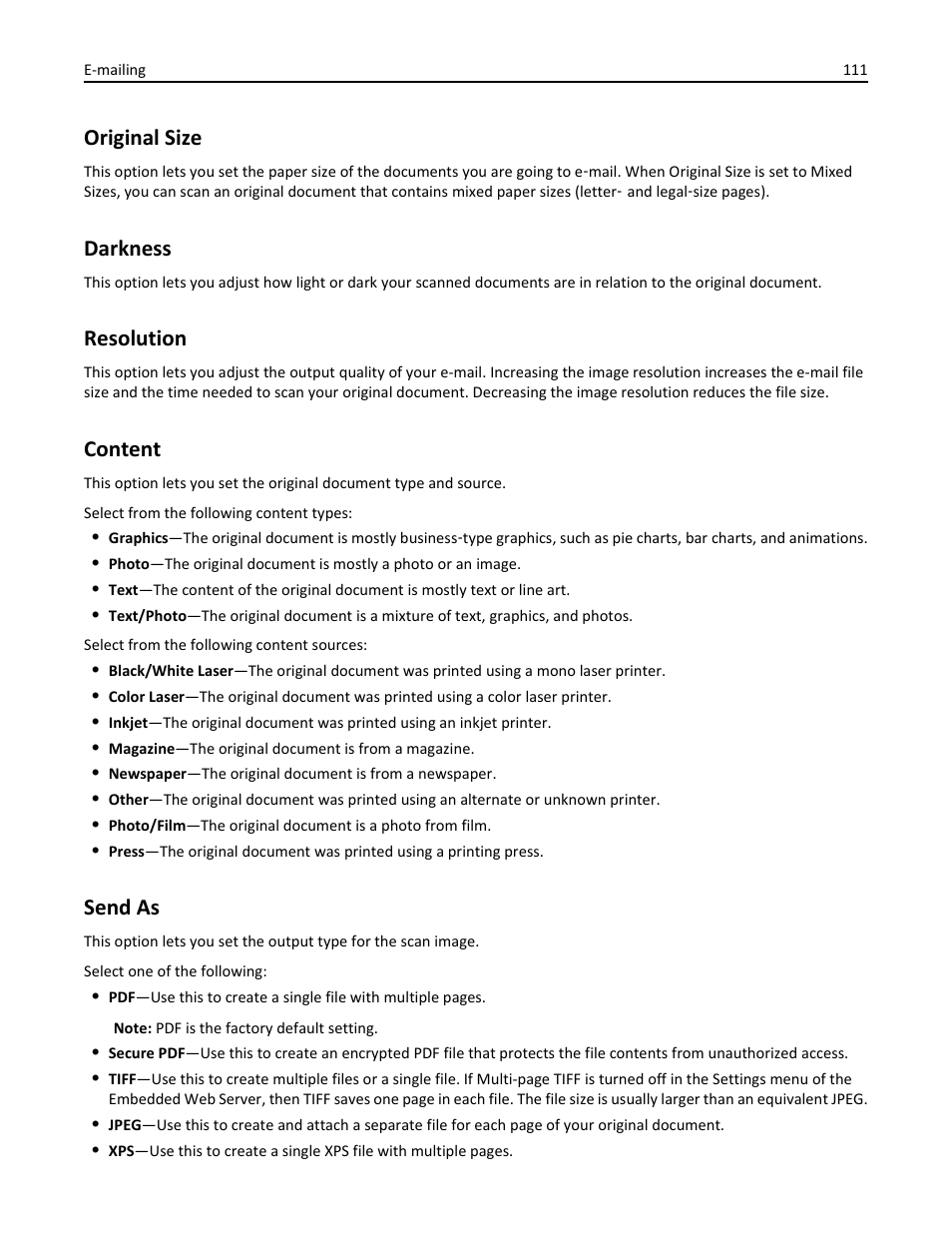 Original size, Darkness, Resolution | Content, Send as | Dell B5465dnf Mono Laser Printer MFP User Manual | Page 111 / 342