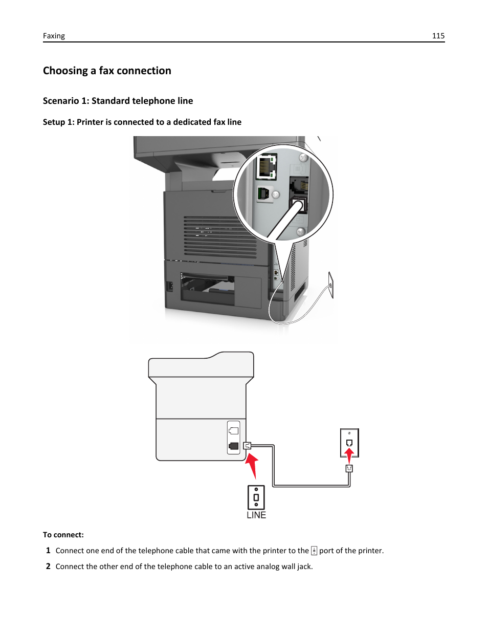 Choosing a fax connection, Scenario 1: standard telephone line | Dell B5465dnf Mono Laser Printer MFP User Manual | Page 115 / 342