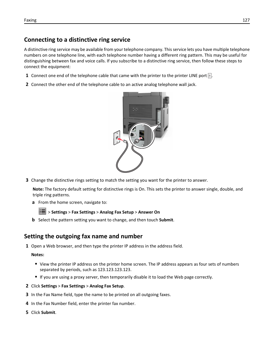 Connecting to a distinctive ring service, Setting the outgoing fax name and number | Dell B5465dnf Mono Laser Printer MFP User Manual | Page 127 / 342