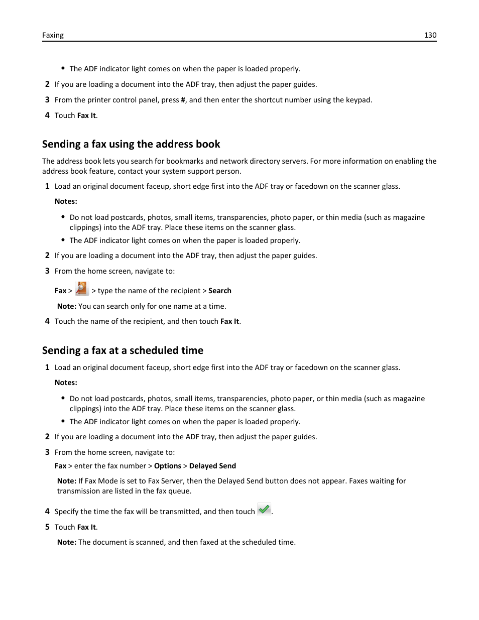 Sending a fax using the address book, Sending a fax at a scheduled time | Dell B5465dnf Mono Laser Printer MFP User Manual | Page 130 / 342