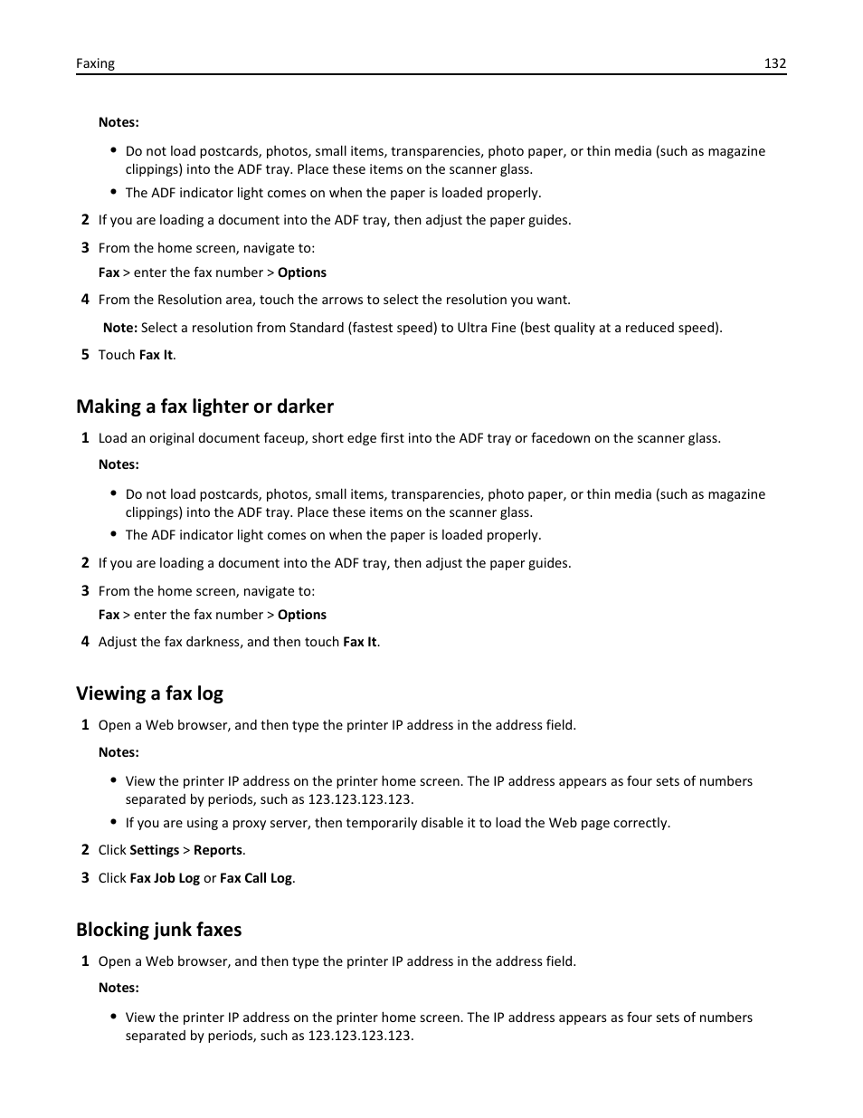 Making a fax lighter or darker, Viewing a fax log, Blocking junk faxes | Dell B5465dnf Mono Laser Printer MFP User Manual | Page 132 / 342