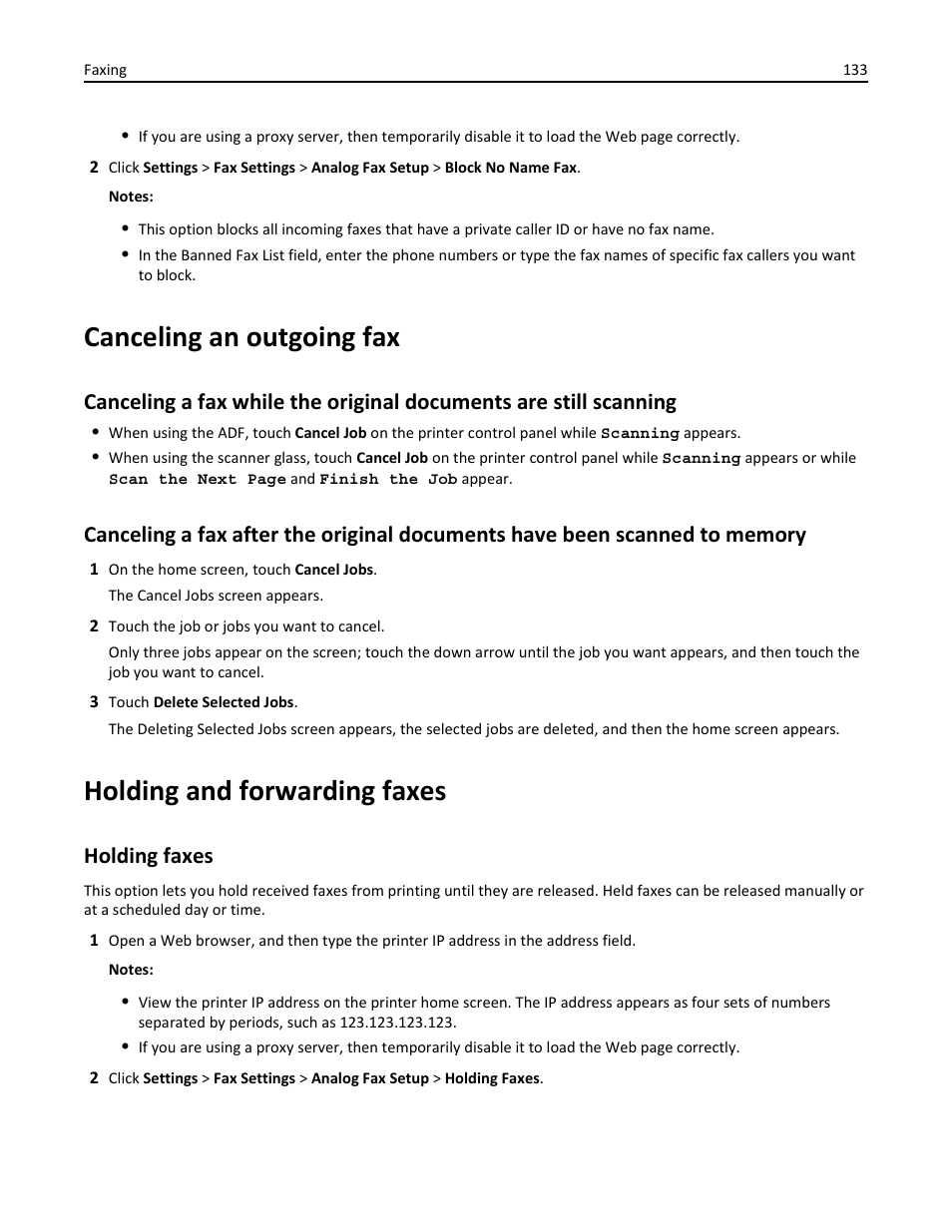 Canceling an outgoing fax, Holding and forwarding faxes, Holding faxes | Dell B5465dnf Mono Laser Printer MFP User Manual | Page 133 / 342