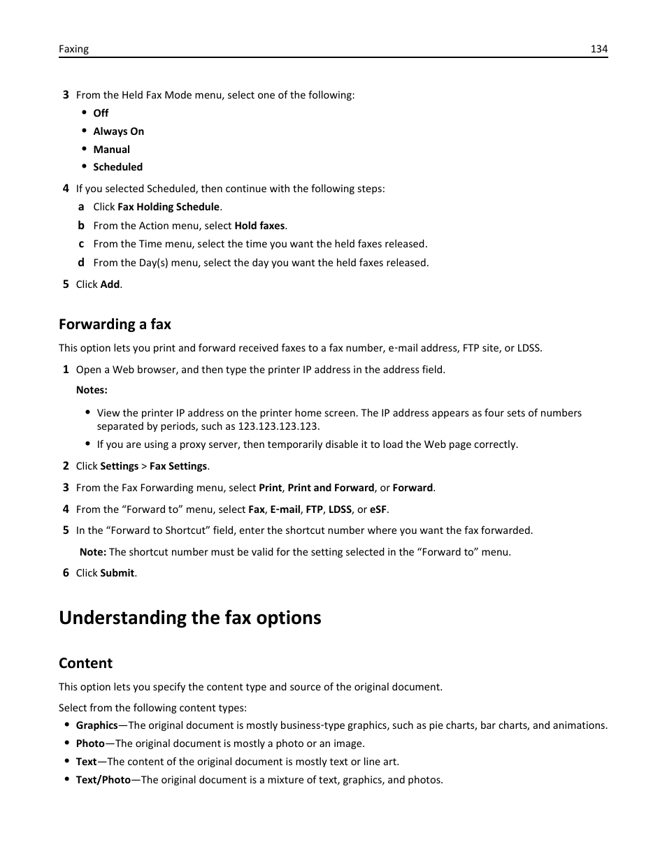 Forwarding a fax, Understanding the fax options, Content | Dell B5465dnf Mono Laser Printer MFP User Manual | Page 134 / 342