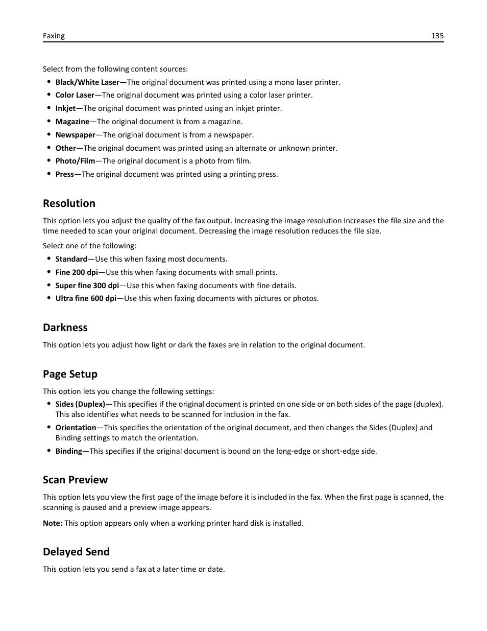 Resolution, Darkness, Scan preview | Delayed send, Page setup | Dell B5465dnf Mono Laser Printer MFP User Manual | Page 135 / 342