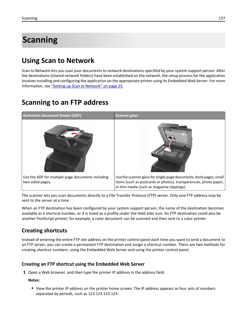 Scanning, Using scan to network, Scanning to an ftp address | Creating shortcuts | Dell B5465dnf Mono Laser Printer MFP User Manual | Page 137 / 342