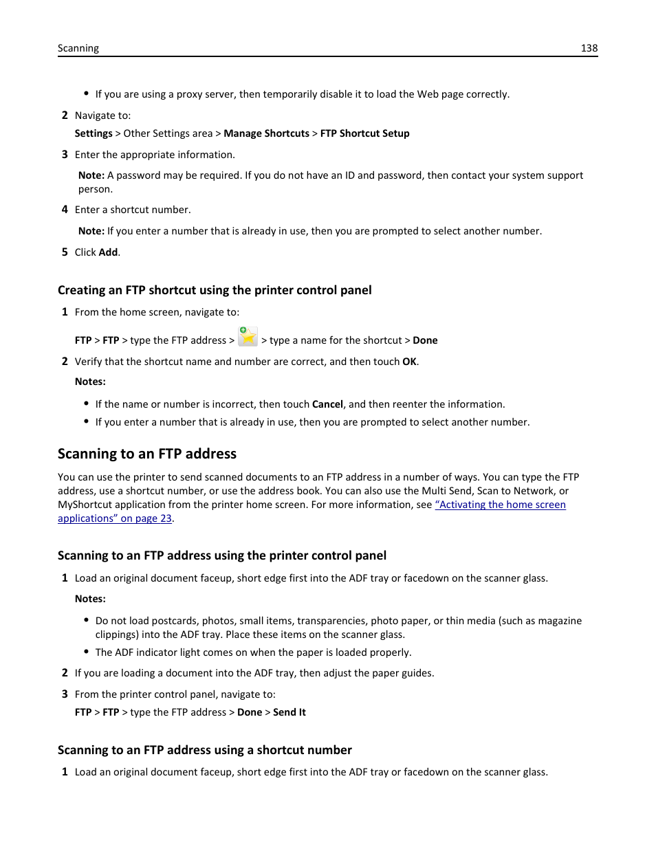 Scanning to an ftp address, Scanning to an ftp address using a shortcut number, Scanning | Dell B5465dnf Mono Laser Printer MFP User Manual | Page 138 / 342