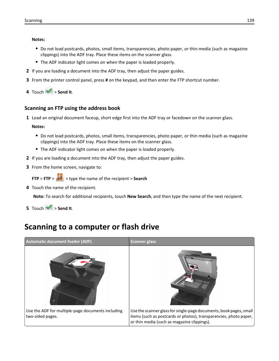 Scanning an ftp using the address book, Scanning to a computer or flash drive | Dell B5465dnf Mono Laser Printer MFP User Manual | Page 139 / 342