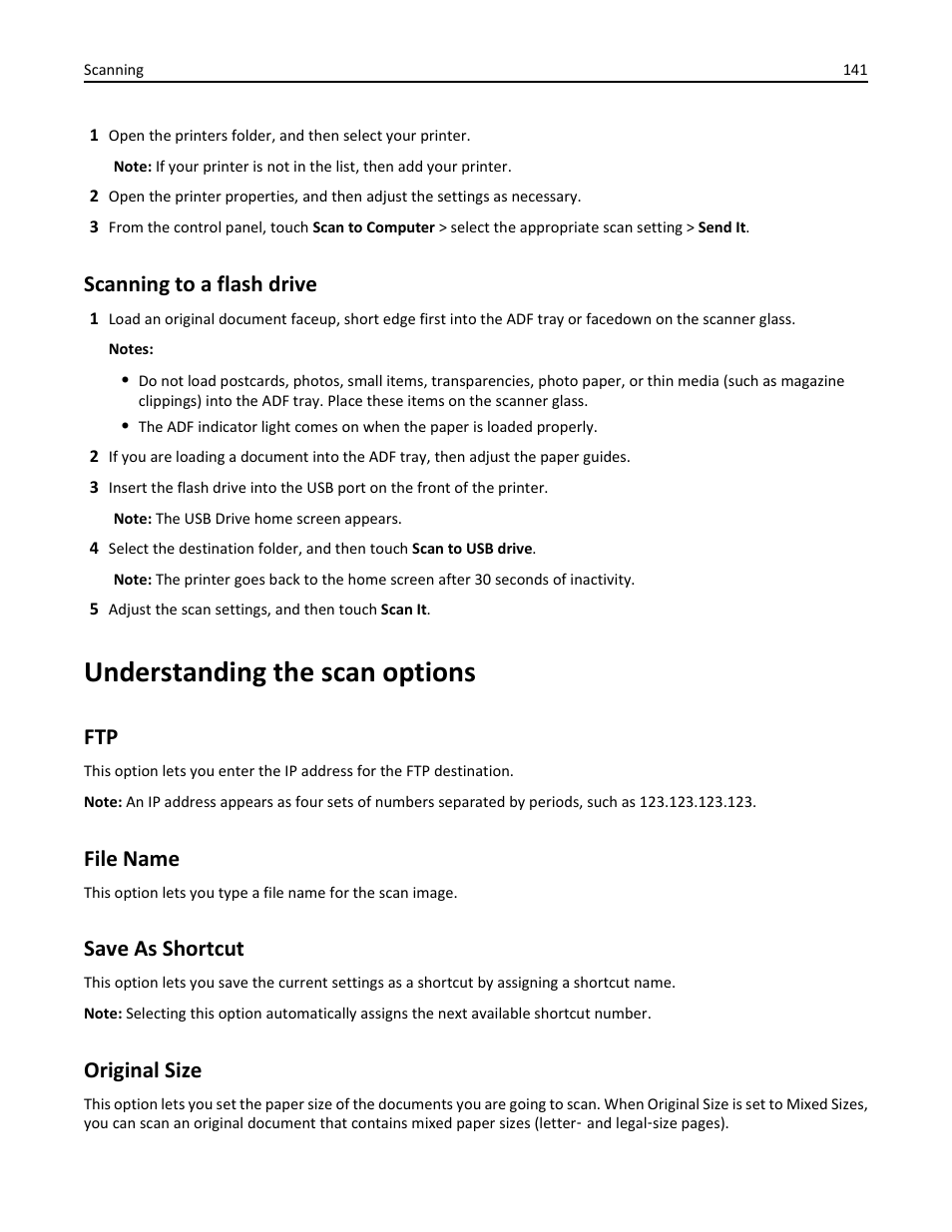 Scanning to a flash drive, Understanding the scan options, File name | Save as shortcut, Original size | Dell B5465dnf Mono Laser Printer MFP User Manual | Page 141 / 342