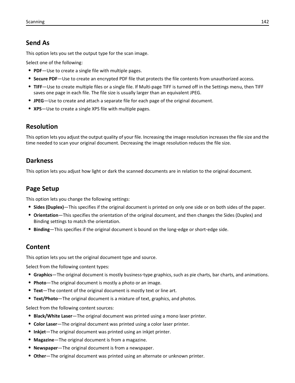 Send as, Resolution, Darkness | Content, Page setup | Dell B5465dnf Mono Laser Printer MFP User Manual | Page 142 / 342