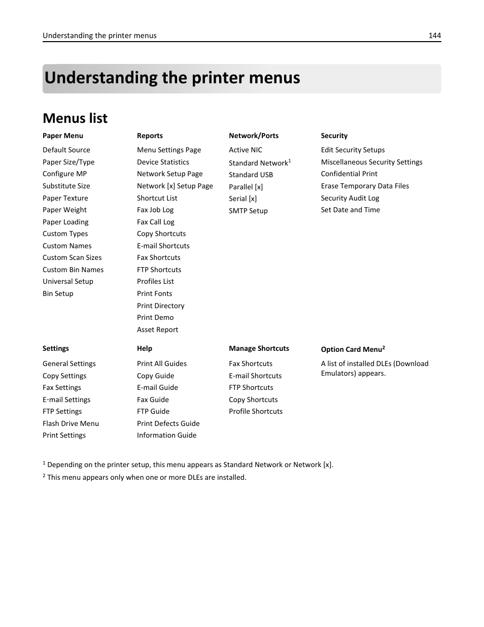 Understanding the printer menus, Menus list | Dell B5465dnf Mono Laser Printer MFP User Manual | Page 144 / 342