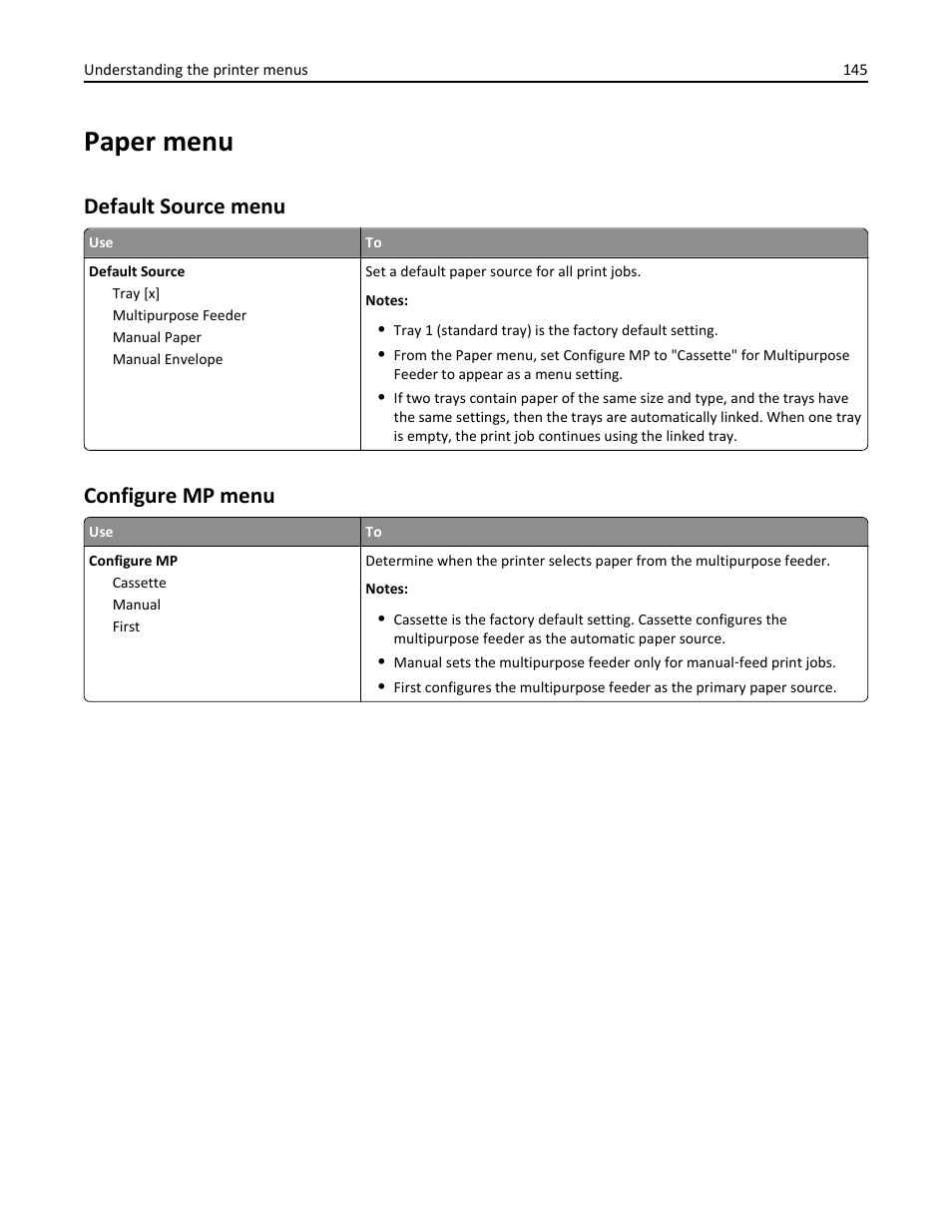 Paper menu, Default source menu, Configure mp menu | Dell B5465dnf Mono Laser Printer MFP User Manual | Page 145 / 342