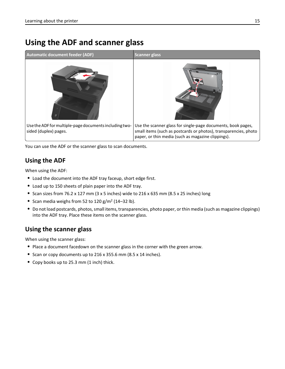 Using the adf and scanner glass, Using the adf, Using the scanner glass | Dell B5465dnf Mono Laser Printer MFP User Manual | Page 15 / 342