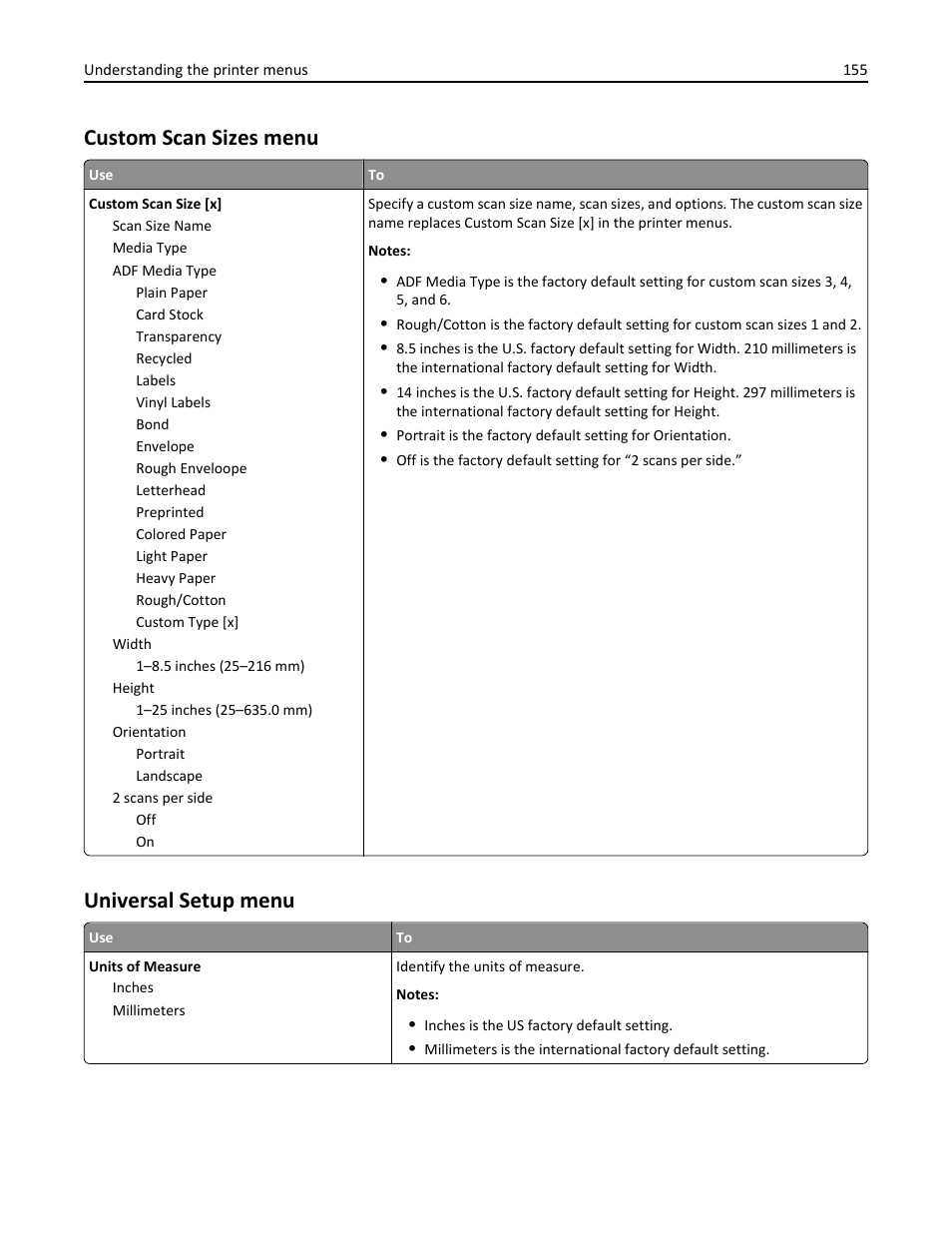 Custom scan sizes menu, Universal setup menu | Dell B5465dnf Mono Laser Printer MFP User Manual | Page 155 / 342