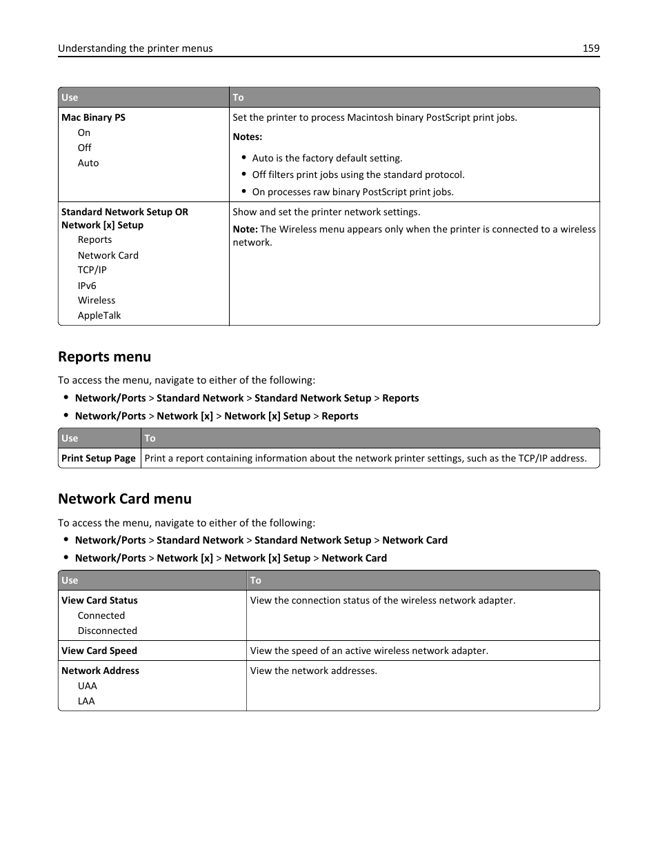 Reports menu, Network card menu | Dell B5465dnf Mono Laser Printer MFP User Manual | Page 159 / 342