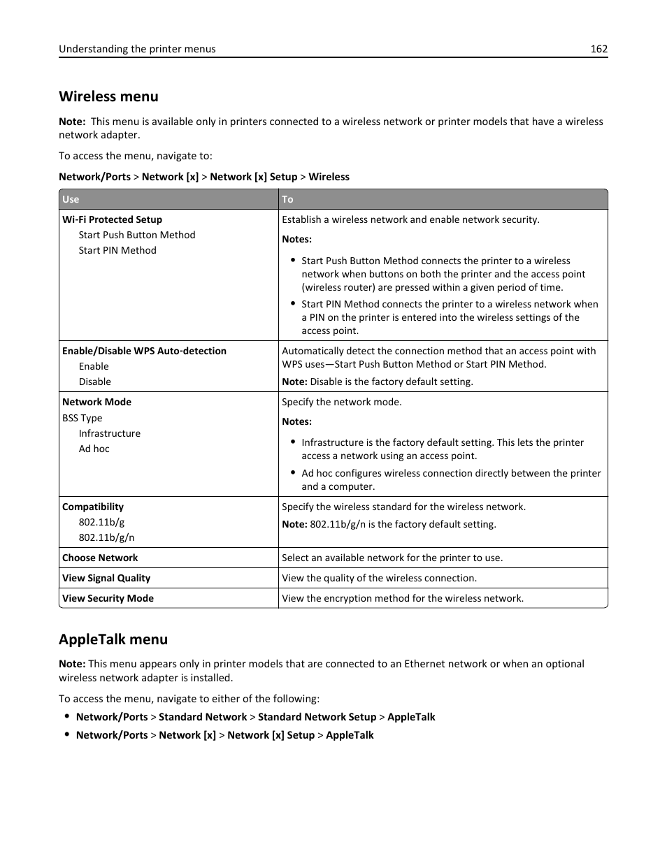 Wireless menu, Appletalk menu | Dell B5465dnf Mono Laser Printer MFP User Manual | Page 162 / 342