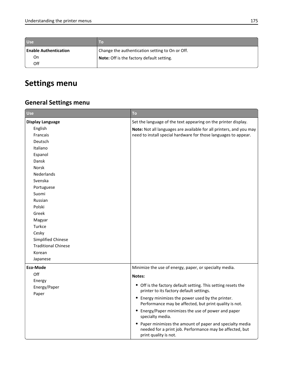 Settings menu, General settings menu | Dell B5465dnf Mono Laser Printer MFP User Manual | Page 175 / 342