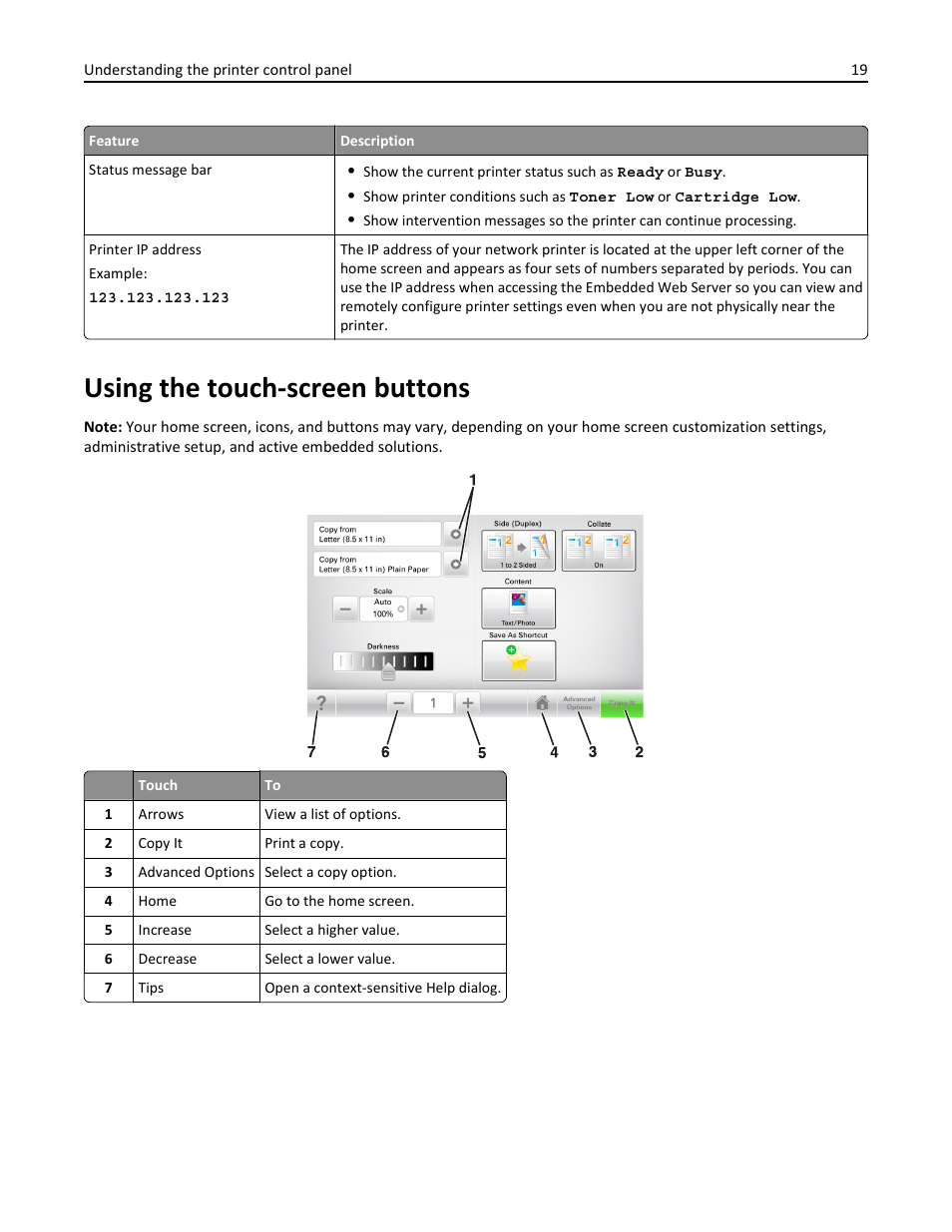 Using the touch-screen buttons | Dell B5465dnf Mono Laser Printer MFP User Manual | Page 19 / 342