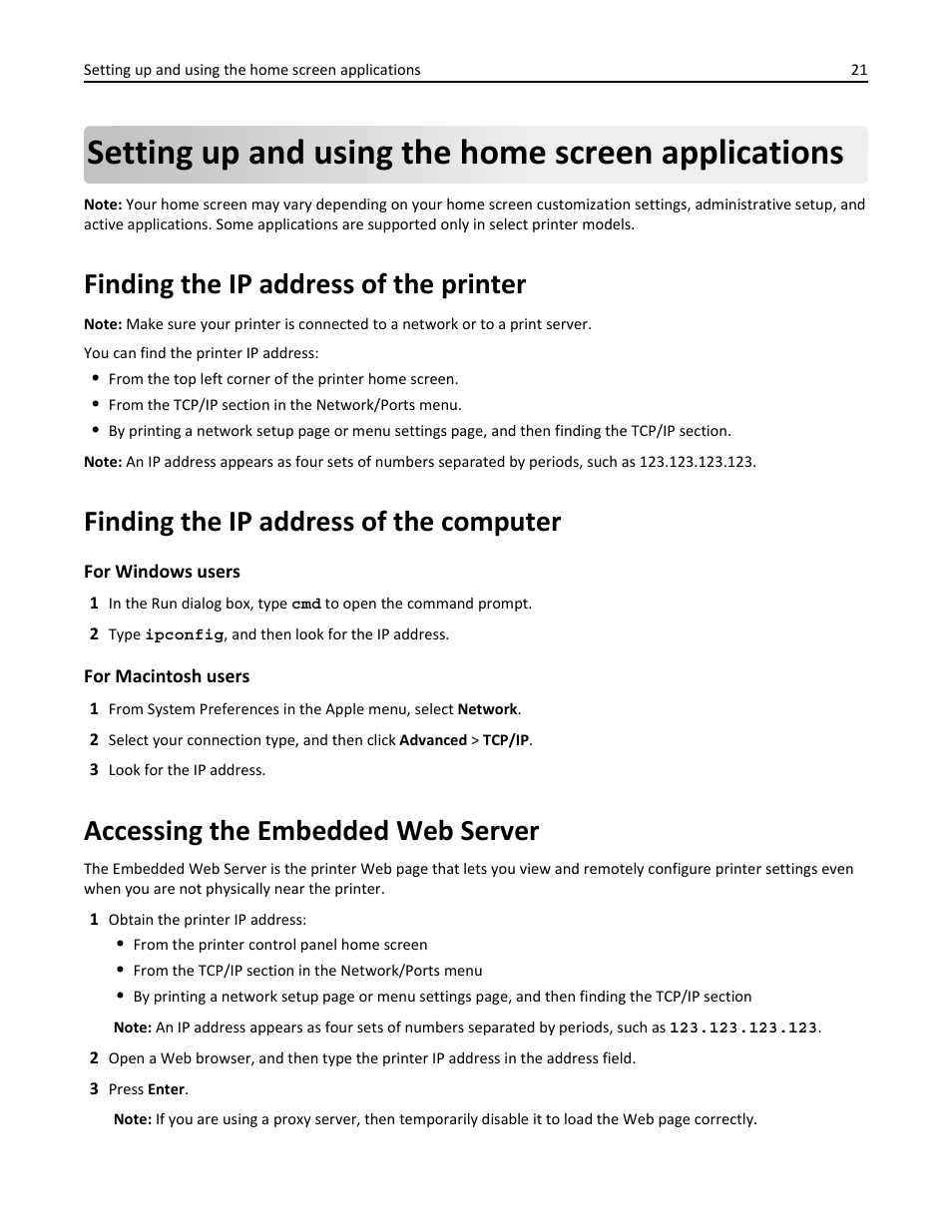 Setting up and using the home screen applications, Finding the ip address of the printer, Finding the ip address of the computer | Accessing the embedded web server | Dell B5465dnf Mono Laser Printer MFP User Manual | Page 21 / 342