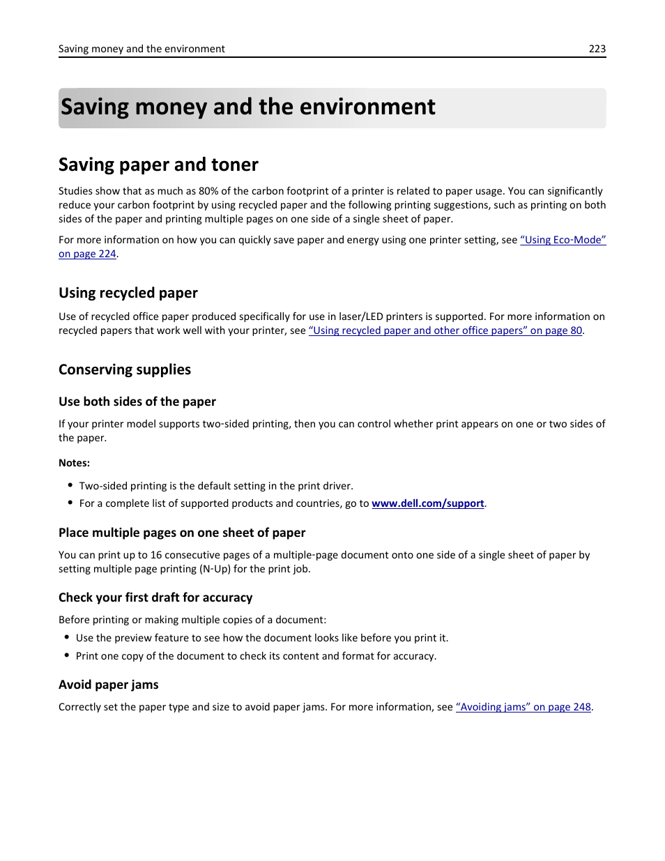 Saving money and the environment, Saving paper and toner, Using recycled paper | Conserving supplies, Using recycled paper conserving supplies | Dell B5465dnf Mono Laser Printer MFP User Manual | Page 223 / 342