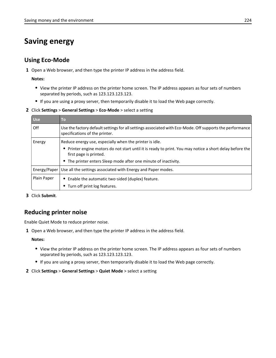 Saving energy, Using eco-mode, Reducing printer noise | Using eco, Mode, Using eco ‑ mode | Dell B5465dnf Mono Laser Printer MFP User Manual | Page 224 / 342