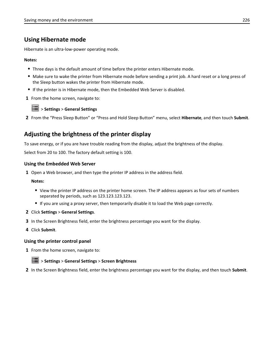 Using hibernate mode, Adjusting the brightness of the printer display | Dell B5465dnf Mono Laser Printer MFP User Manual | Page 226 / 342