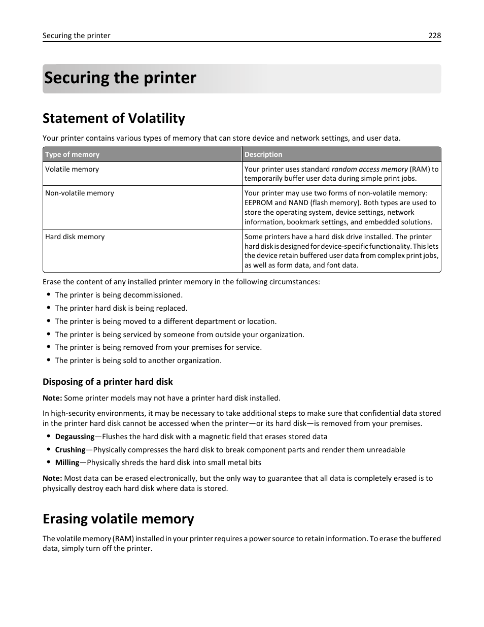 Securing the printer, Statement of volatility, Erasing volatile memory | Dell B5465dnf Mono Laser Printer MFP User Manual | Page 228 / 342