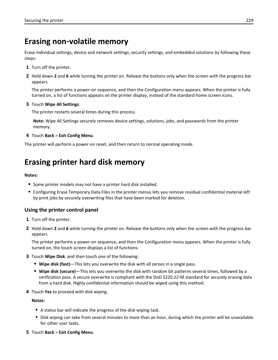 Erasing non-volatile memory, Erasing printer hard disk memory, Erasing non | Volatile memory | Dell B5465dnf Mono Laser Printer MFP User Manual | Page 229 / 342