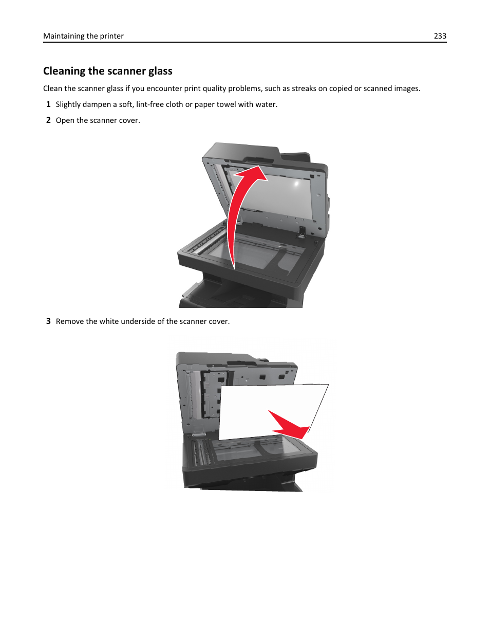 Cleaning the scanner glass | Dell B5465dnf Mono Laser Printer MFP User Manual | Page 233 / 342