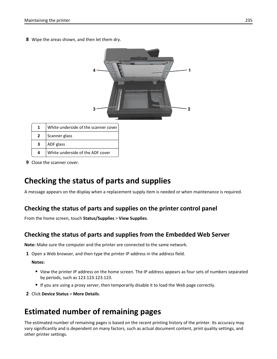 Checking the status of parts and supplies, Estimated number of remaining pages | Dell B5465dnf Mono Laser Printer MFP User Manual | Page 235 / 342