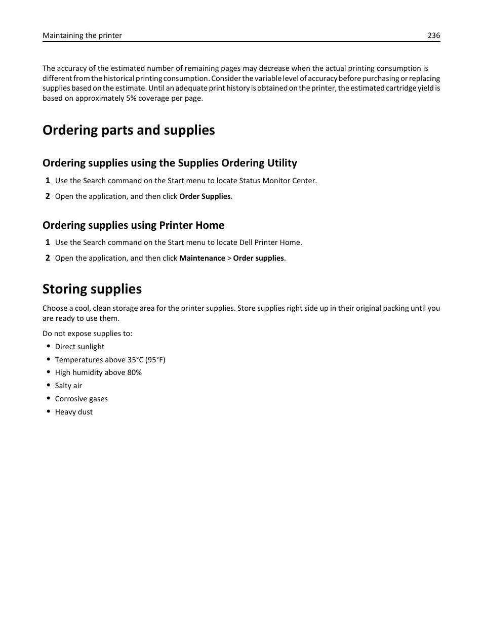 Ordering parts and supplies, Ordering supplies using printer home, Storing supplies | Dell B5465dnf Mono Laser Printer MFP User Manual | Page 236 / 342