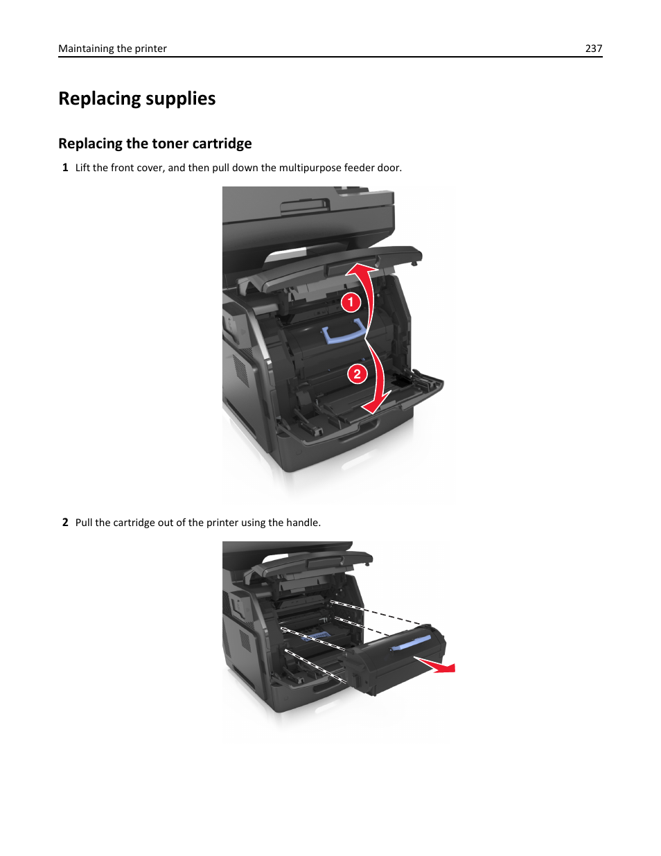 Replacing supplies, Replacing the toner cartridge | Dell B5465dnf Mono Laser Printer MFP User Manual | Page 237 / 342