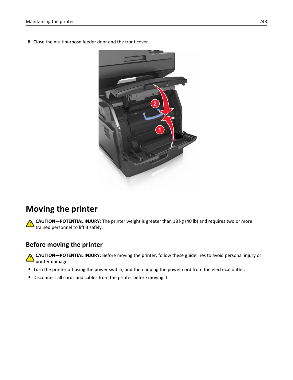 Moving the printer, Before moving the printer | Dell B5465dnf Mono Laser Printer MFP User Manual | Page 243 / 342