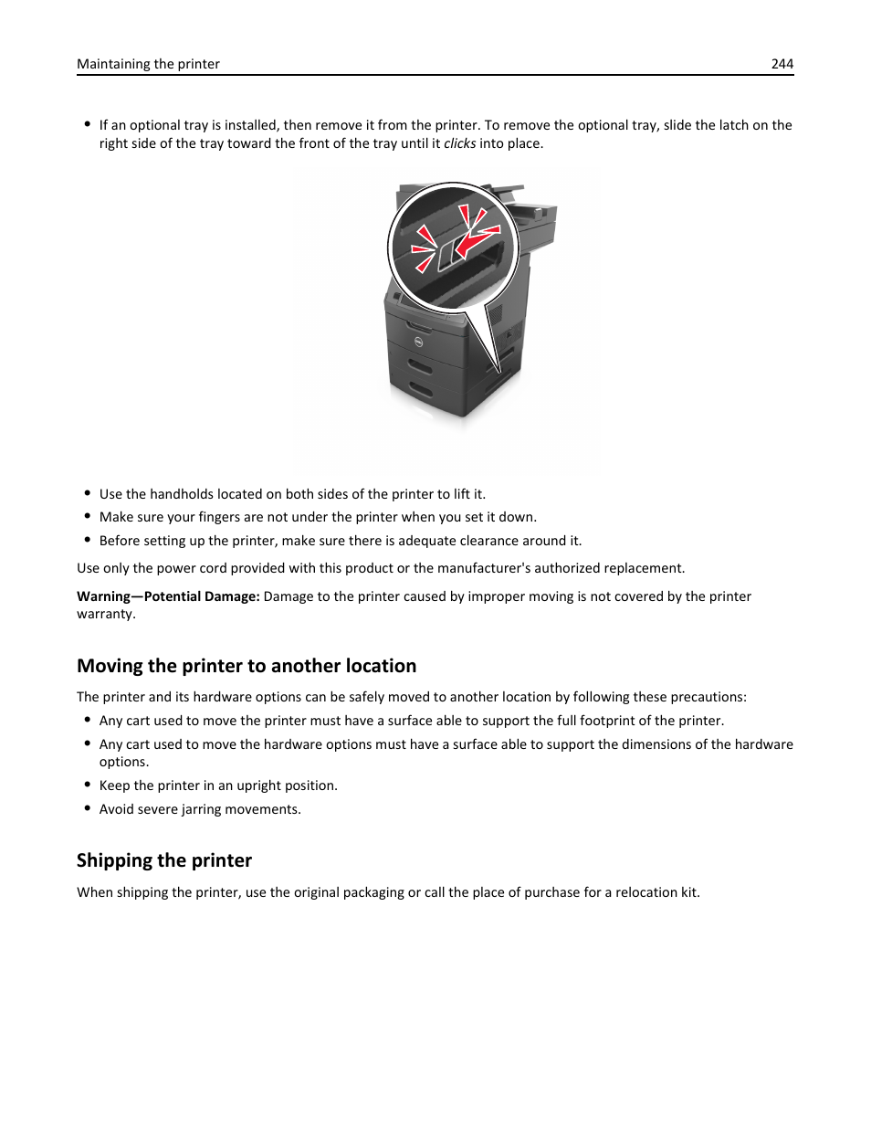 Moving the printer to another location, Shipping the printer | Dell B5465dnf Mono Laser Printer MFP User Manual | Page 244 / 342