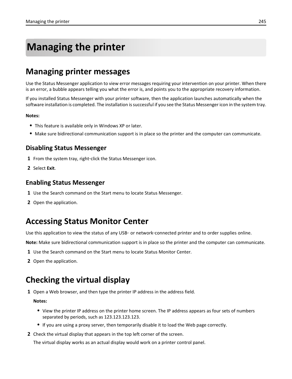 Managing the printer, Managing printer messages, Accessing status monitor center | Checking the virtual display, Disabling status messenger, Enabling status messenger | Dell B5465dnf Mono Laser Printer MFP User Manual | Page 245 / 342