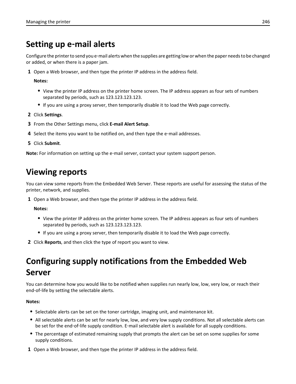 Setting up e-mail alerts, Viewing reports, Setting up e | Mail alerts, Setting up e ‑ mail alerts | Dell B5465dnf Mono Laser Printer MFP User Manual | Page 246 / 342