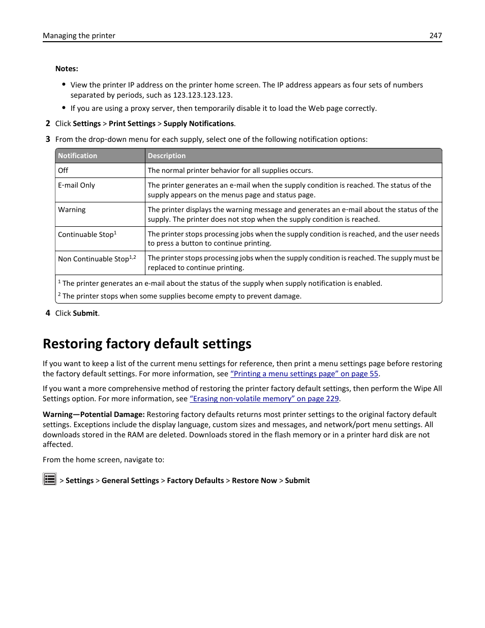 Restoring factory default settings | Dell B5465dnf Mono Laser Printer MFP User Manual | Page 247 / 342