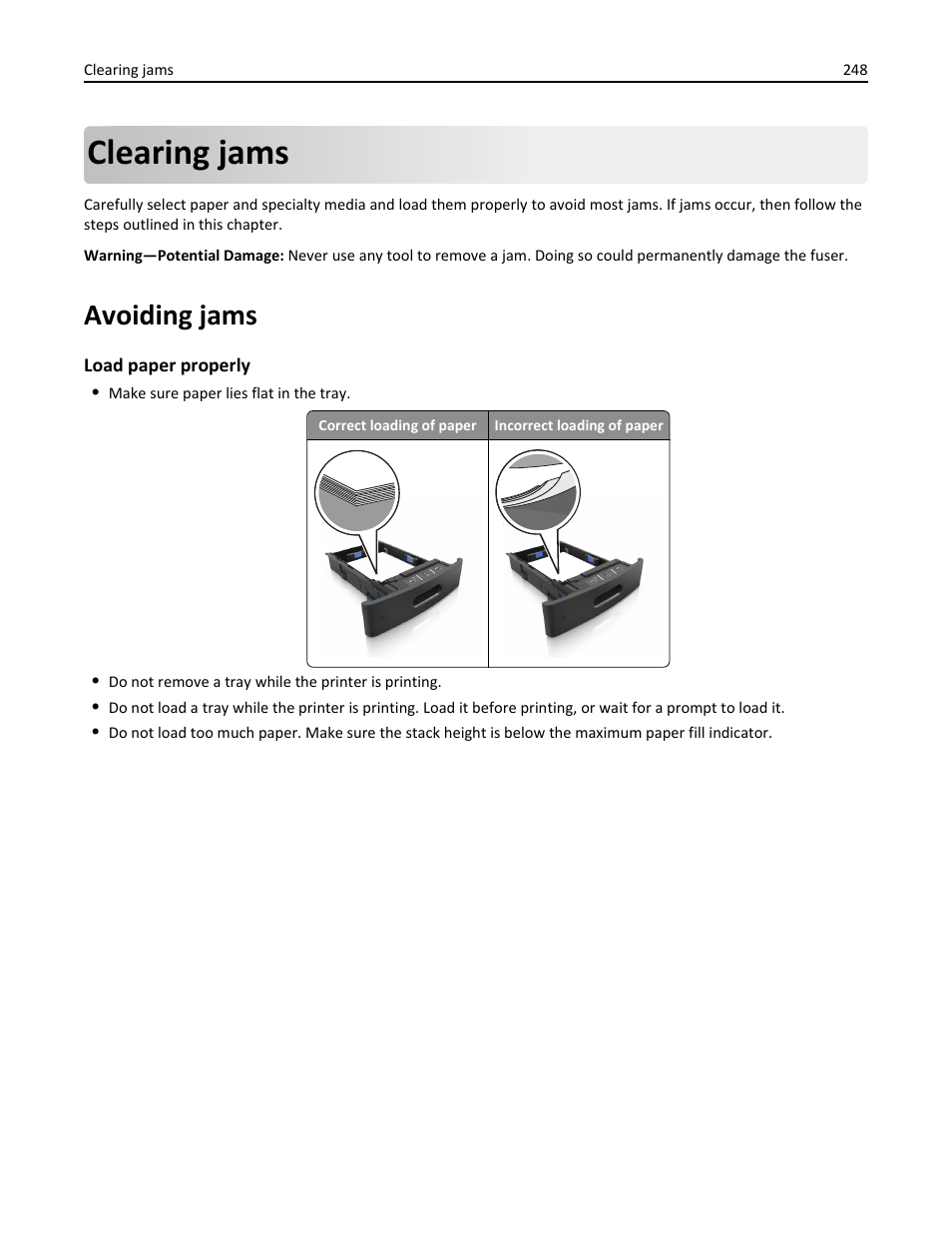 Clearing jams, Avoiding jams | Dell B5465dnf Mono Laser Printer MFP User Manual | Page 248 / 342