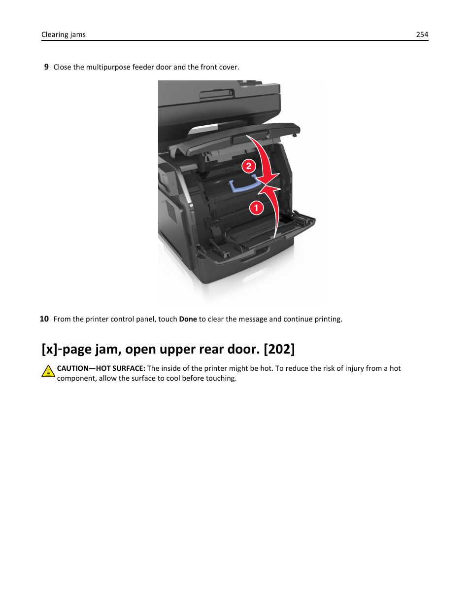 X] ‑ page jam, open upper rear door. [202 | Dell B5465dnf Mono Laser Printer MFP User Manual | Page 254 / 342