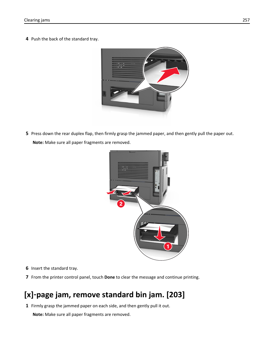 X] ‑ page jam, remove standard bin jam. [203 | Dell B5465dnf Mono Laser Printer MFP User Manual | Page 257 / 342