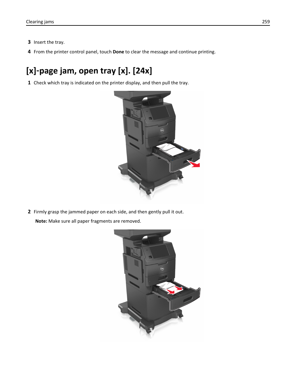 X] ‑ page jam, open tray [x]. [24x | Dell B5465dnf Mono Laser Printer MFP User Manual | Page 259 / 342