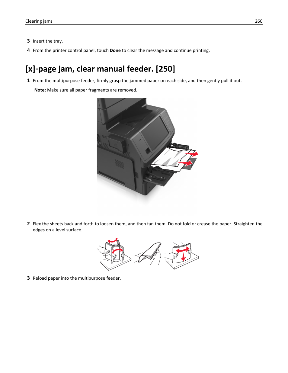 X] ‑ page jam, clear manual feeder. [250 | Dell B5465dnf Mono Laser Printer MFP User Manual | Page 260 / 342