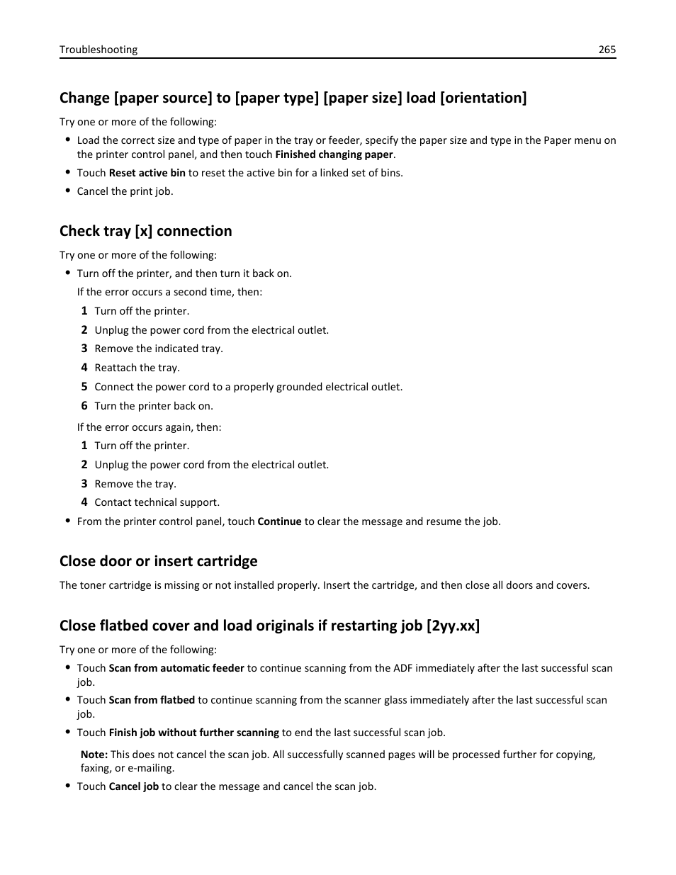 Check tray [x] connection, Close door or insert cartridge | Dell B5465dnf Mono Laser Printer MFP User Manual | Page 265 / 342