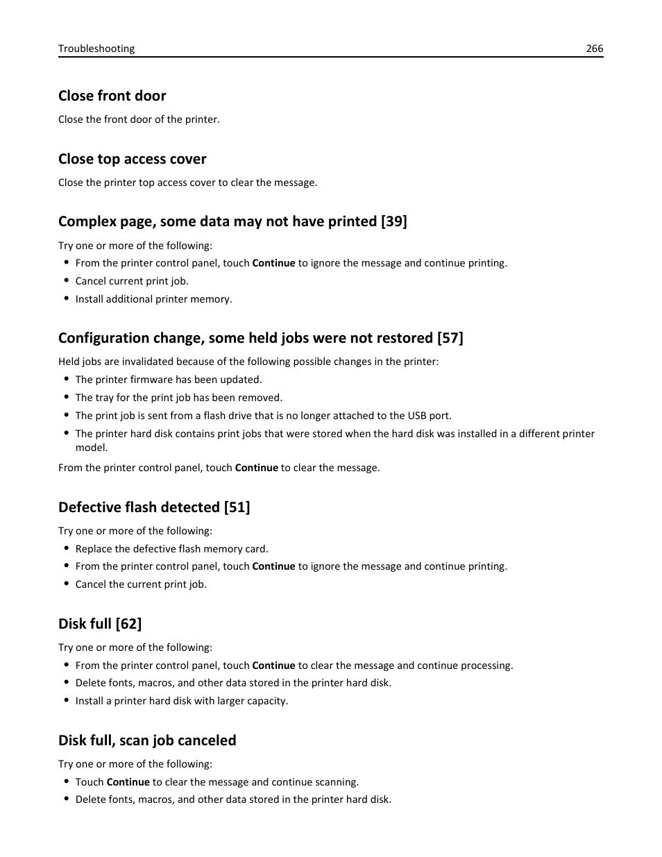 Close front door, Close top access cover, Defective flash detected [51 | Disk full [62, Disk full, scan job canceled, Complex page, some data may not have printed [39 | Dell B5465dnf Mono Laser Printer MFP User Manual | Page 266 / 342