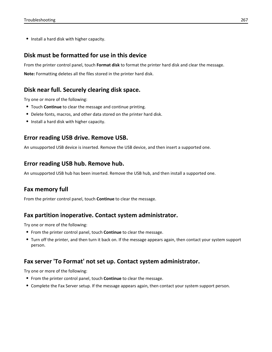 Disk must be formatted for use in this device, Disk near full. securely clearing disk space, Error reading usb drive. remove usb | Error reading usb hub. remove hub, Fax memory full | Dell B5465dnf Mono Laser Printer MFP User Manual | Page 267 / 342