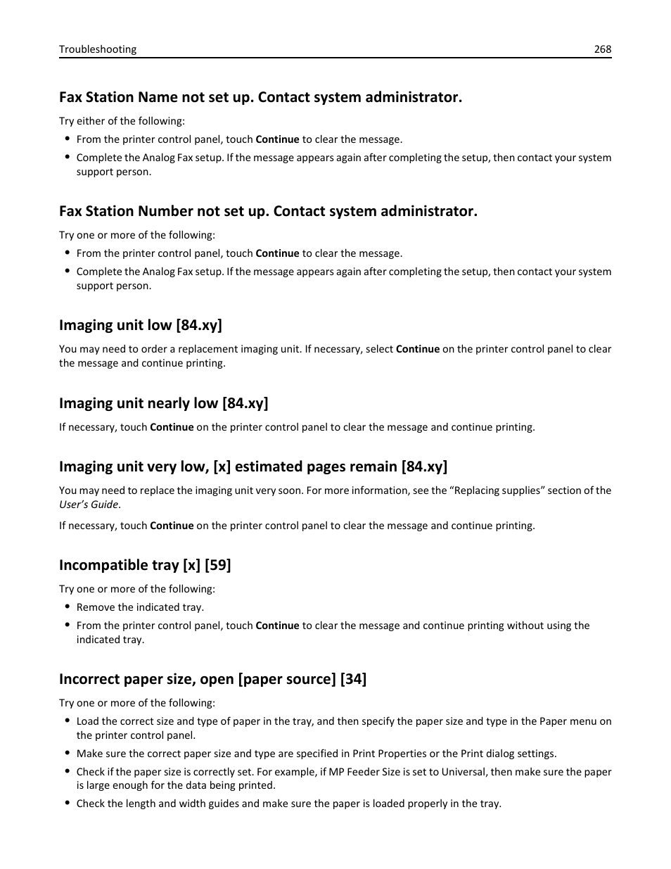 Imaging unit low [84.xy, Imaging unit nearly low [84.xy, Incompatible tray [x] [59 | Incorrect paper size, open [paper source] [34 | Dell B5465dnf Mono Laser Printer MFP User Manual | Page 268 / 342