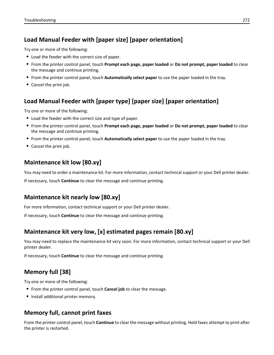 Maintenance kit low [80.xy, Maintenance kit nearly low [80.xy, Memory full [38 | Memory full, cannot print faxes | Dell B5465dnf Mono Laser Printer MFP User Manual | Page 272 / 342