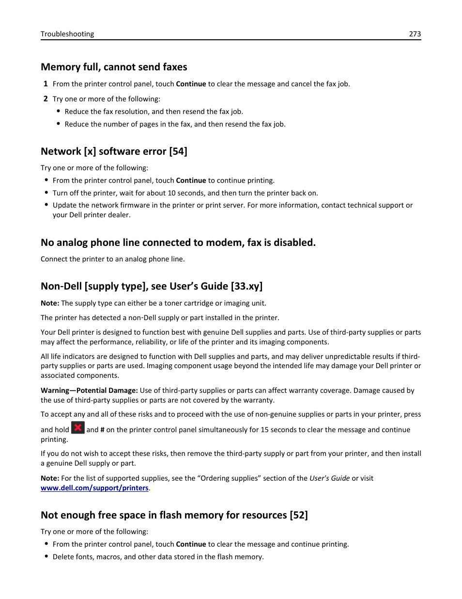 Memory full, cannot send faxes, Network [x] software error [54, Non-dell [supply type], see user’s guide [33.xy | Non ‑ dell [supply type], see user’s guide [33.xy | Dell B5465dnf Mono Laser Printer MFP User Manual | Page 273 / 342