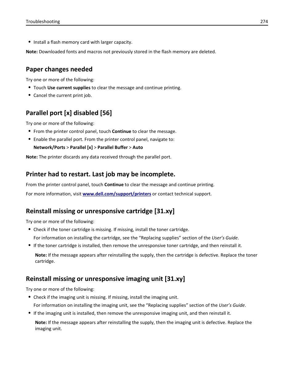 Paper changes needed, Parallel port [x] disabled [56, Printer had to restart. last job may be incomplete | Reinstall missing or unresponsive cartridge [31.xy | Dell B5465dnf Mono Laser Printer MFP User Manual | Page 274 / 342