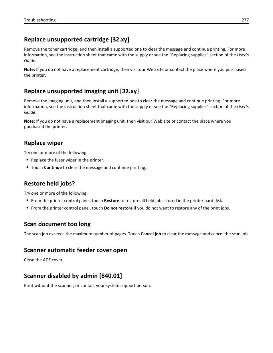 Replace unsupported cartridge [32.xy, Replace unsupported imaging unit [32.xy, Replace wiper | Restore held jobs, Scan document too long, Scanner automatic feeder cover open, Scanner disabled by admin [840.01 | Dell B5465dnf Mono Laser Printer MFP User Manual | Page 277 / 342