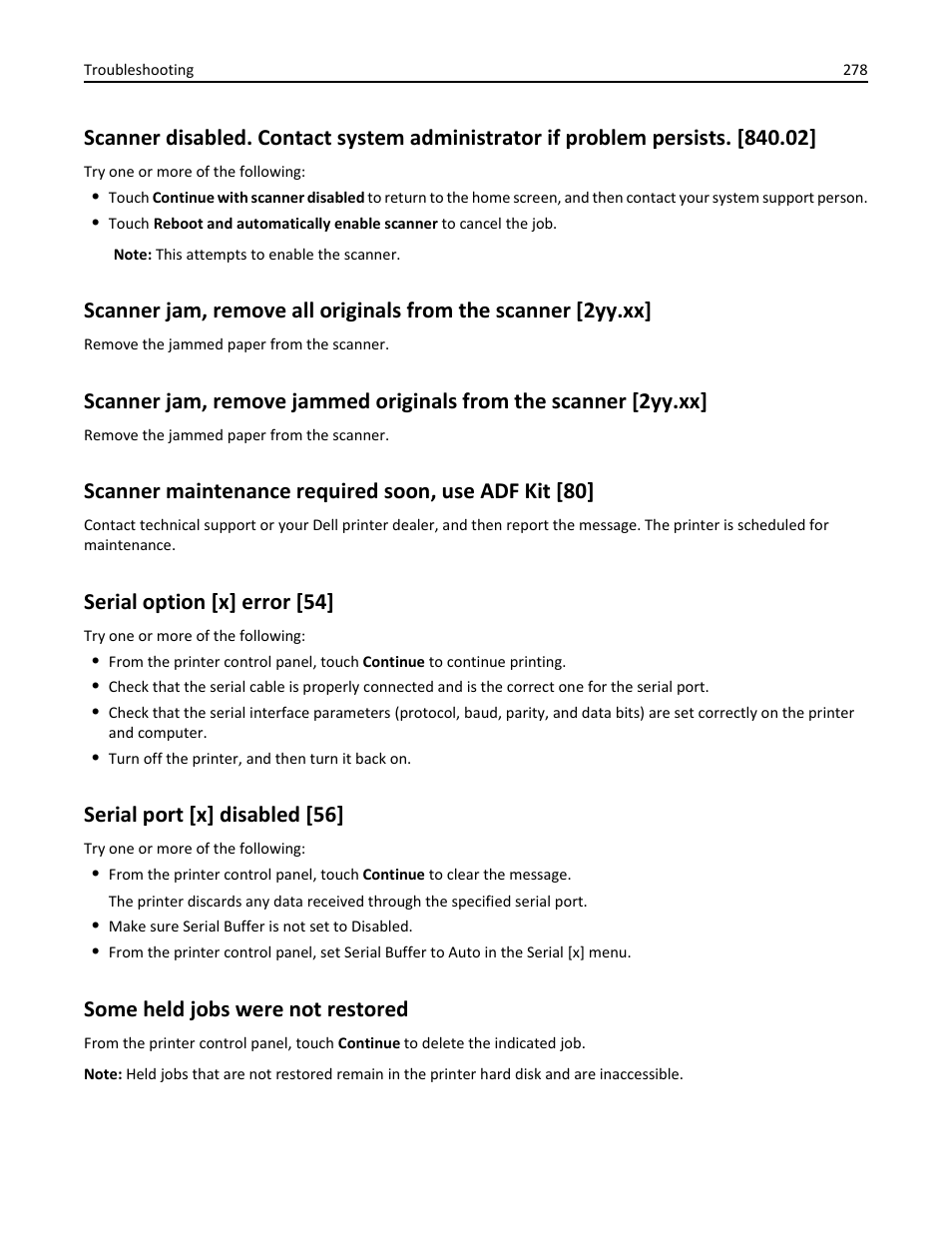 Scanner maintenance required soon, use adf kit [80, Serial option [x] error [54, Serial port [x] disabled [56 | Some held jobs were not restored | Dell B5465dnf Mono Laser Printer MFP User Manual | Page 278 / 342